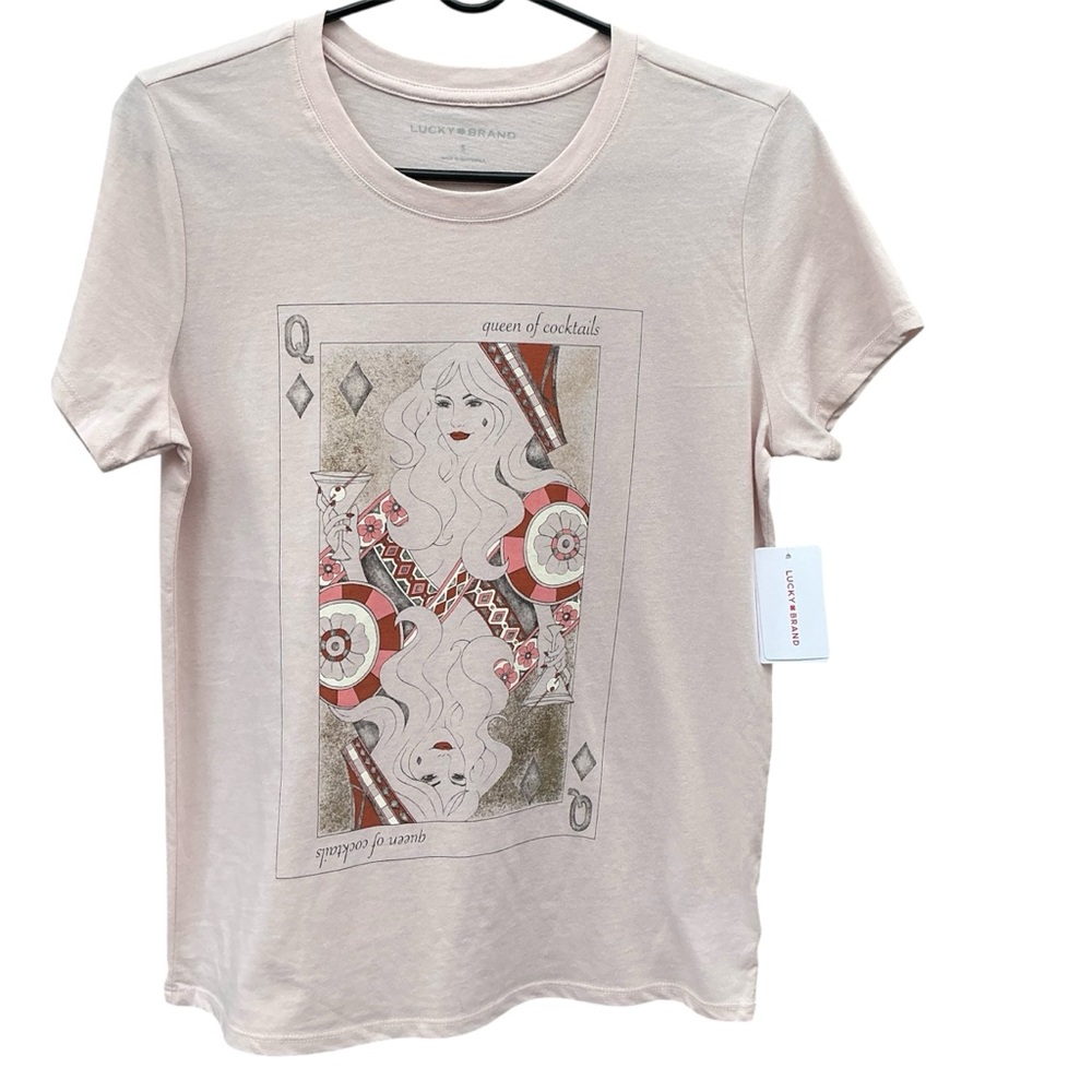 Lucky Brand Women's Queen of Cocktails Classic Crew Tee Pink Size Small NWT - Picture 2 of 14